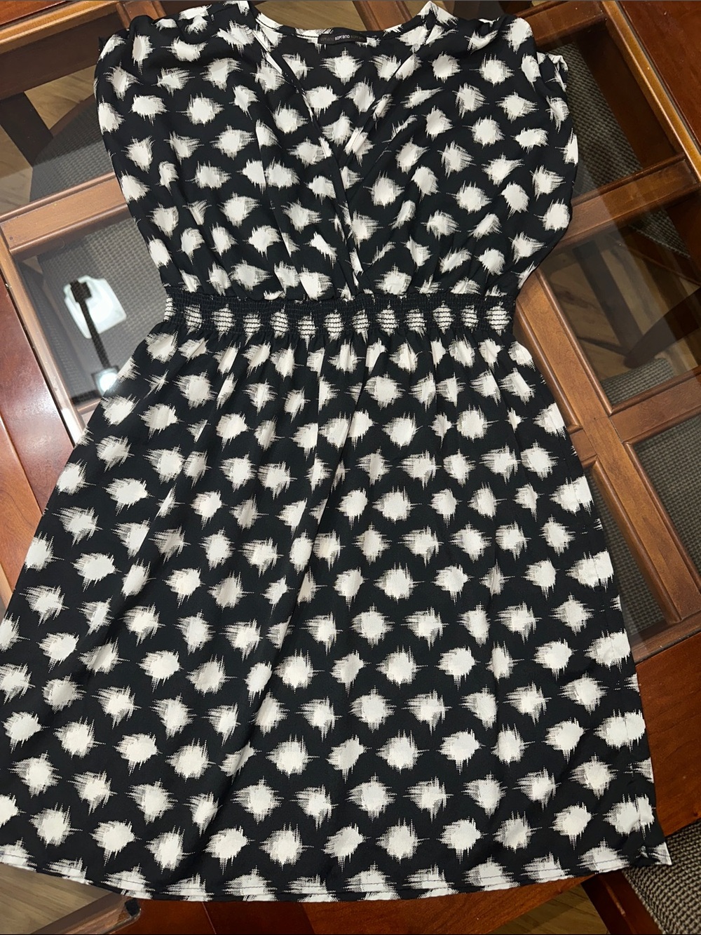 Soprano Black and White Smocked-Waist cross front Dress
